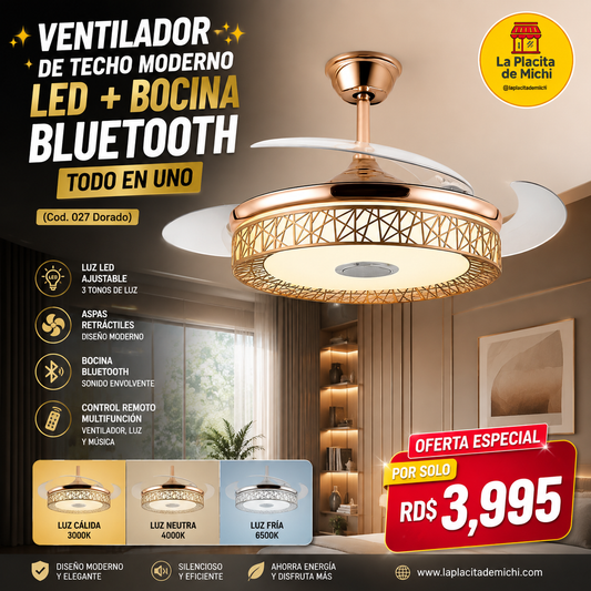 ✨💡 VENTILADOR DE TECHO MODERNO LED + BOCINA BLUETOOTH – TODO EN UNO 💡✨
📌 (Cod. 027)

💰RD$3,995