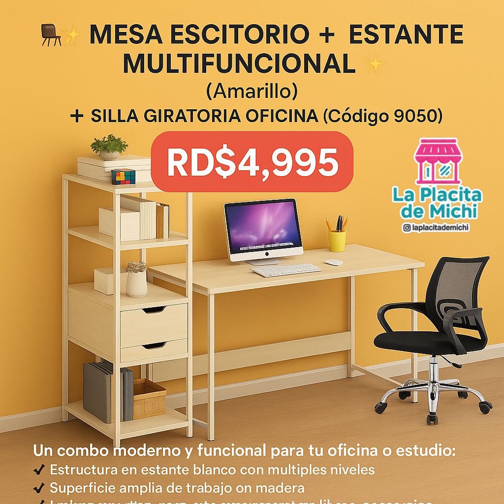 🪑✨ Mesa Escritorio + Estante Multifuncional ✨🪑 (Amarillo)
(Cod. 88003)
➕Silla Giratoria Oficina (Código 9050)

💰 RD$4,995 🔥