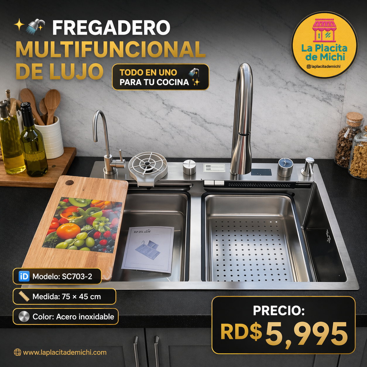 ✨🚿 FREGADERO MULTIFUNCIONAL DE LUJO – TODO EN UNO PARA TU COCINA 🚿✨
🆔 Modelo: SC703-2
📏 Medida: 75 × 45 cm
🎨 Color: Plateado (Acero inoxidable)

💰 Precio: RD$5,995