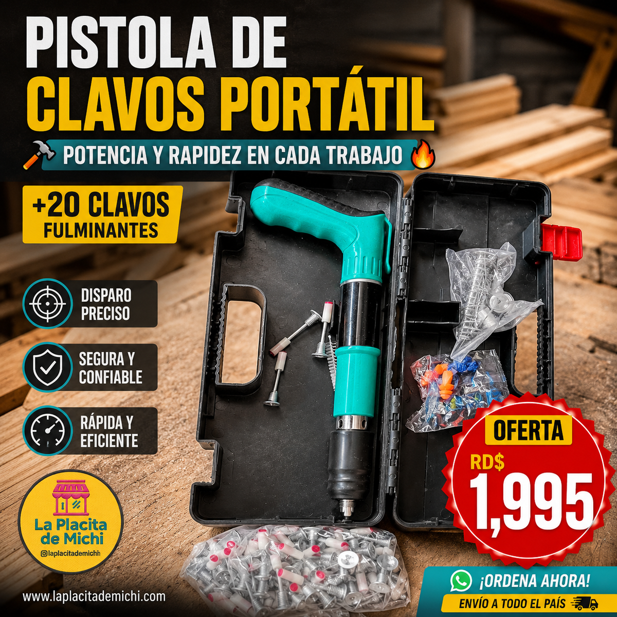 🔨🔥 PISTOLA DE CLAVOS PORTÁTIL – POTENCIA Y RAPIDEZ EN CADA TRABAJO 🔥🔨(+20 Clavos Fulminantes) 

💰 RD$1,995
