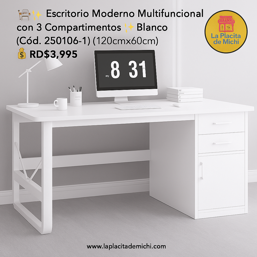 🪑✨ Escritorio Moderno Multifuncional con 3 Compartimentos ✨🪑Blanco 
(Cód. 250106-1) (120cmx60cm)

💰RD$3,995