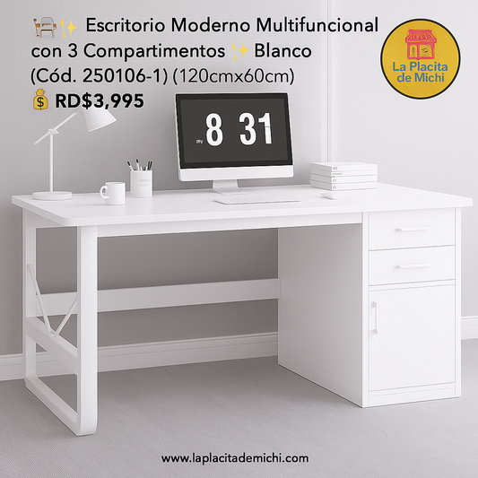 🪑✨ Escritorio Moderno Multifuncional con 3 Compartimentos ✨🪑Blanco 
(Cód. 250106-1) (120cmx60cm)

💰RD$3,995