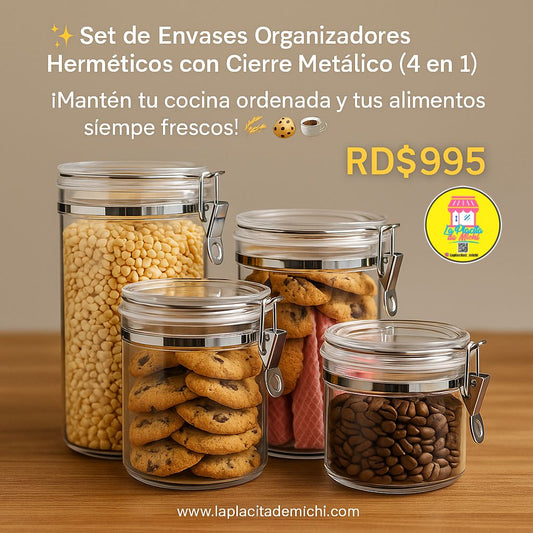 ✨ Set de Envases Organizadores Herméticos con Cierre Metálico (4 en 1)✨

¡Mantén tu cocina ordenada y tus alimentos siempre frescos! 🌾🍪☕
