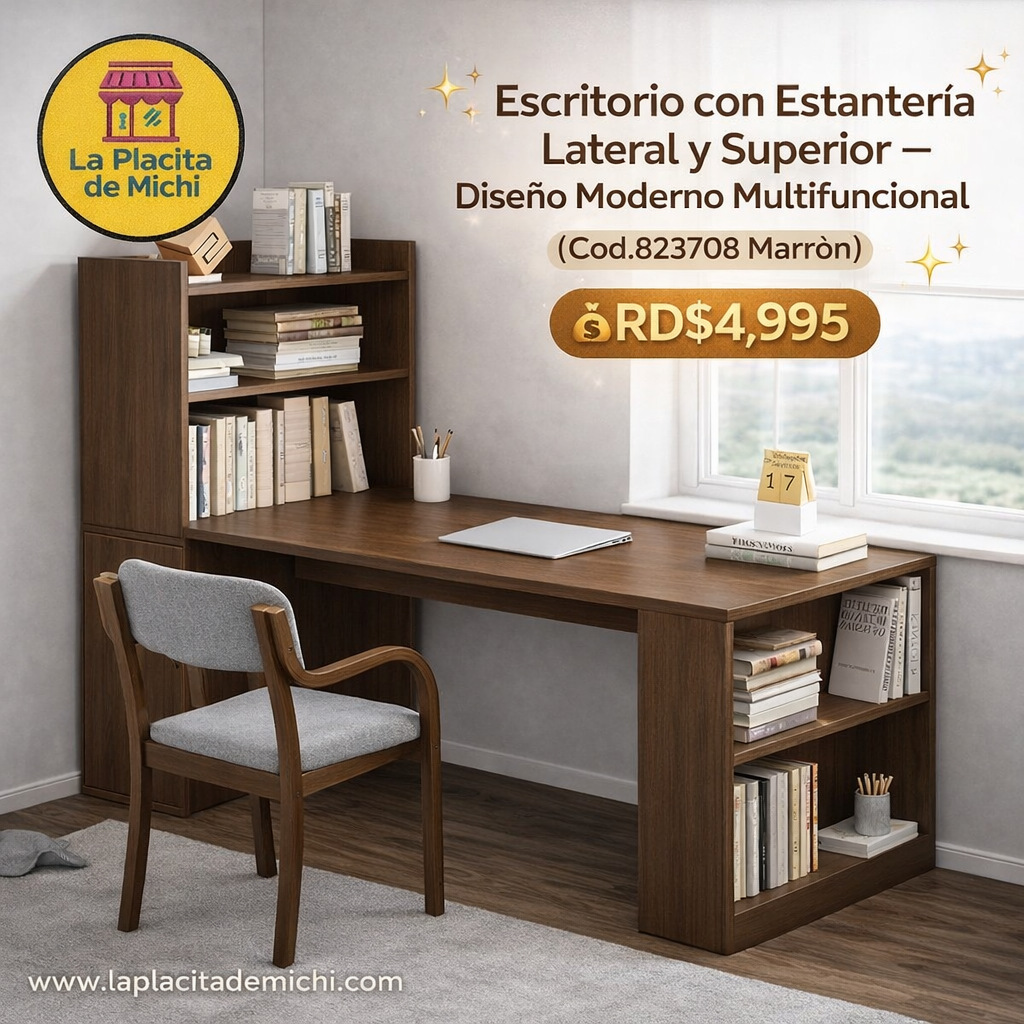 ✨ Escritorio con Estantería Lateral y Superior – Diseño Moderno Multifuncional (Cod.823708 Marrón)✨

💰RD$4,995