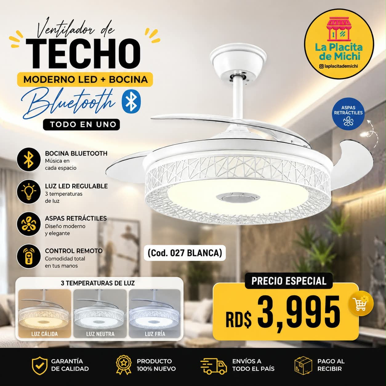 ✨💡 VENTILADOR DE TECHO MODERNO LED + BOCINA BLUETOOTH – TODO EN UNO 💡✨
📌 (Cod. 027 blanco )

💰RD$3,995