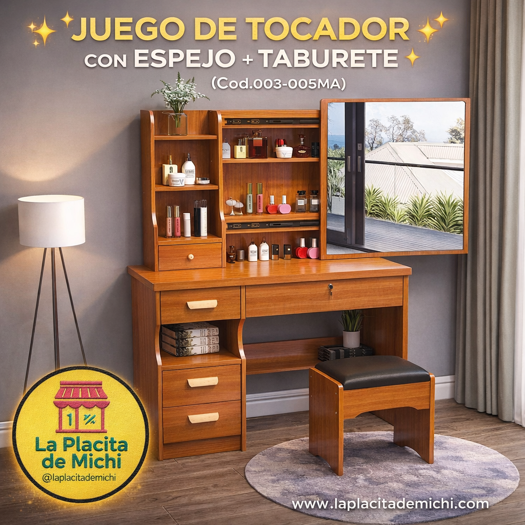 ✨ JUEGO DE TOCADOR CON ESPEJO + TABURETE ✨
(Cod.003-005MA) 
💰RD$5,995