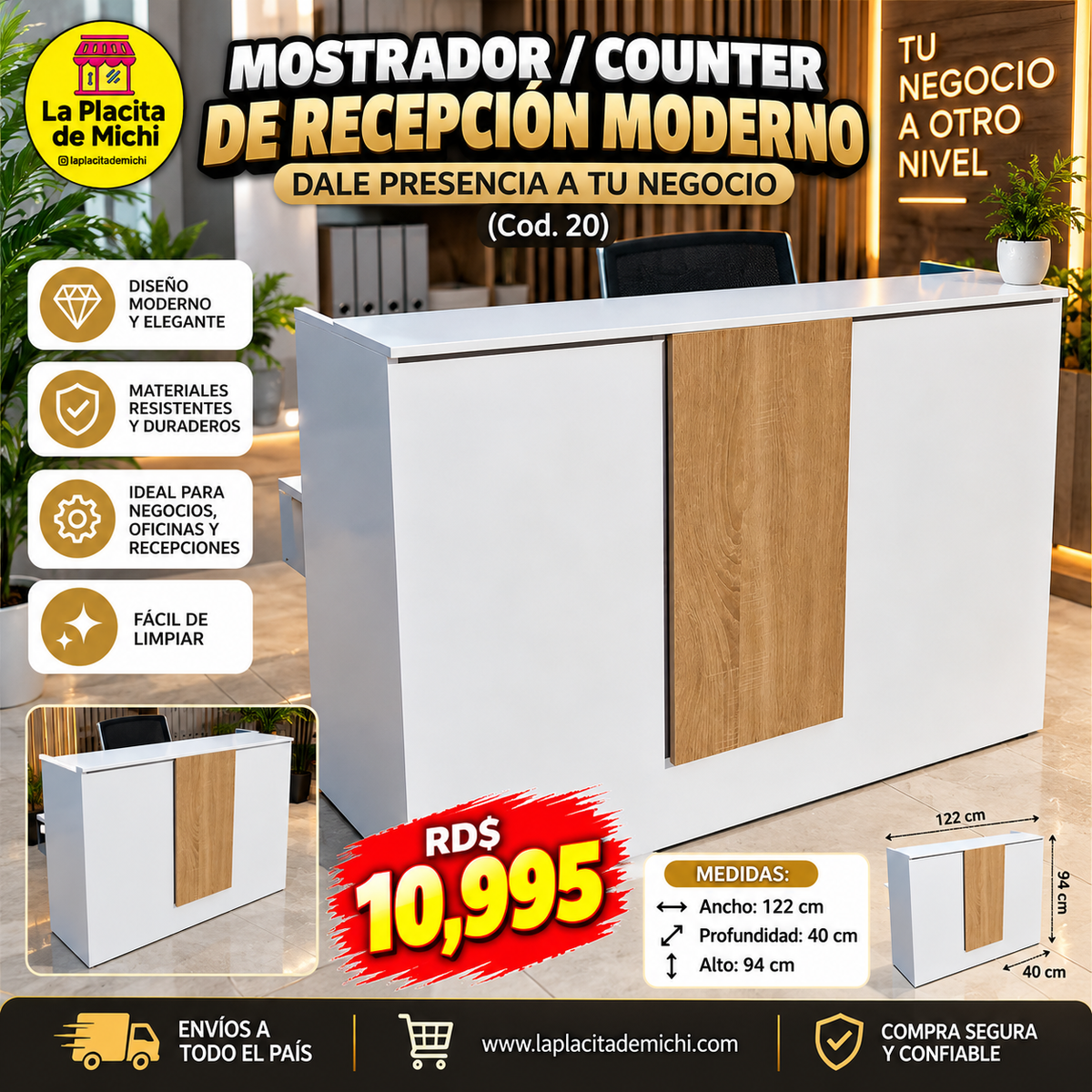✨🤍 MOSTRADOR / COUNTER DE RECEPCIÓN MODERNO – DALE PRESENCIA A TU NEGOCIO 🤍✨(Cod. 20) 

💰RD$10,995 

📏 Medidas:
• Ancho: 122 cm
• Profundidad: 40 cm
• Alto: 94 cm