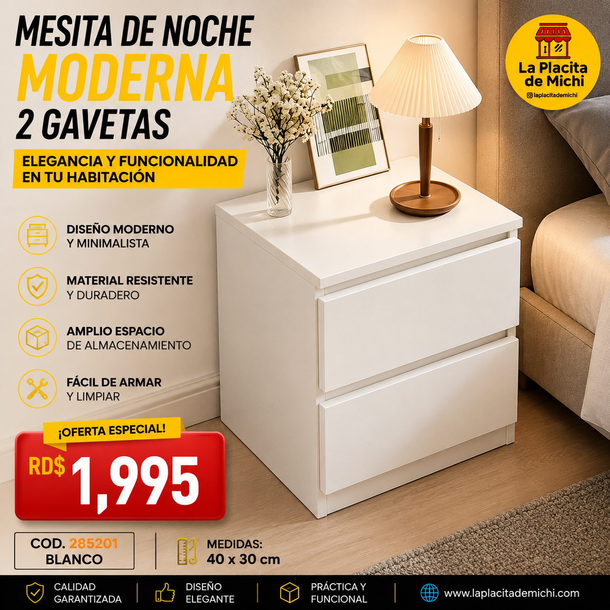 🛏️✨ MESITA DE NOCHE MODERNA 2 GAVETAS – ELEGANCIA Y FUNCIONALIDAD EN TU HABITACIÓN ✨🛏️

🆔 Cod. 285201 BLANCO

💰 RD$1,995

📏 Medidas: 40x30 cm