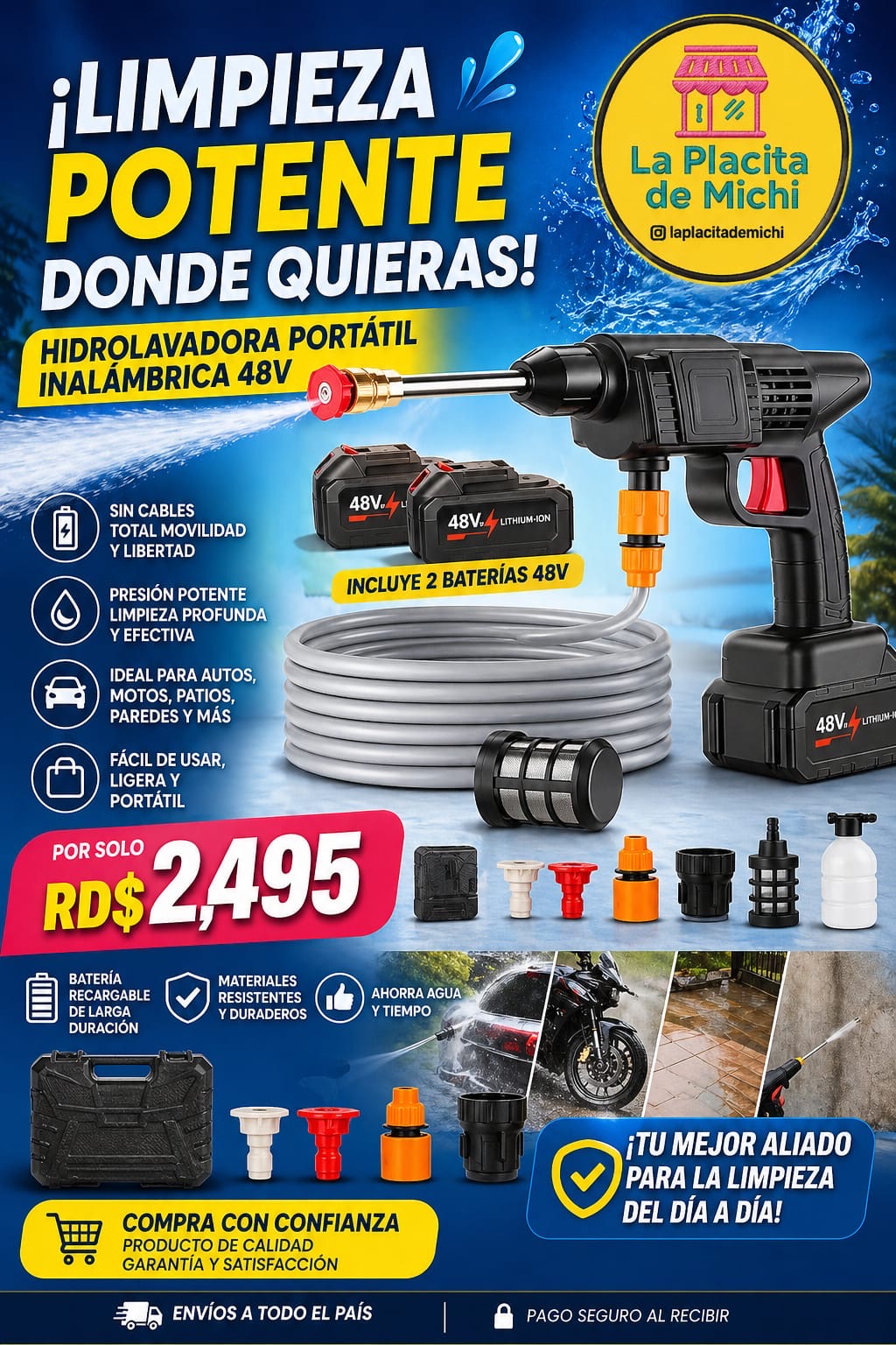 🚗💦 HIDROLAVADORA PORTÁTIL INALÁMBRICA 48V  (2 Baterías 48V) 
(Cod.8107) 💦🚗 

💰RD$2,495