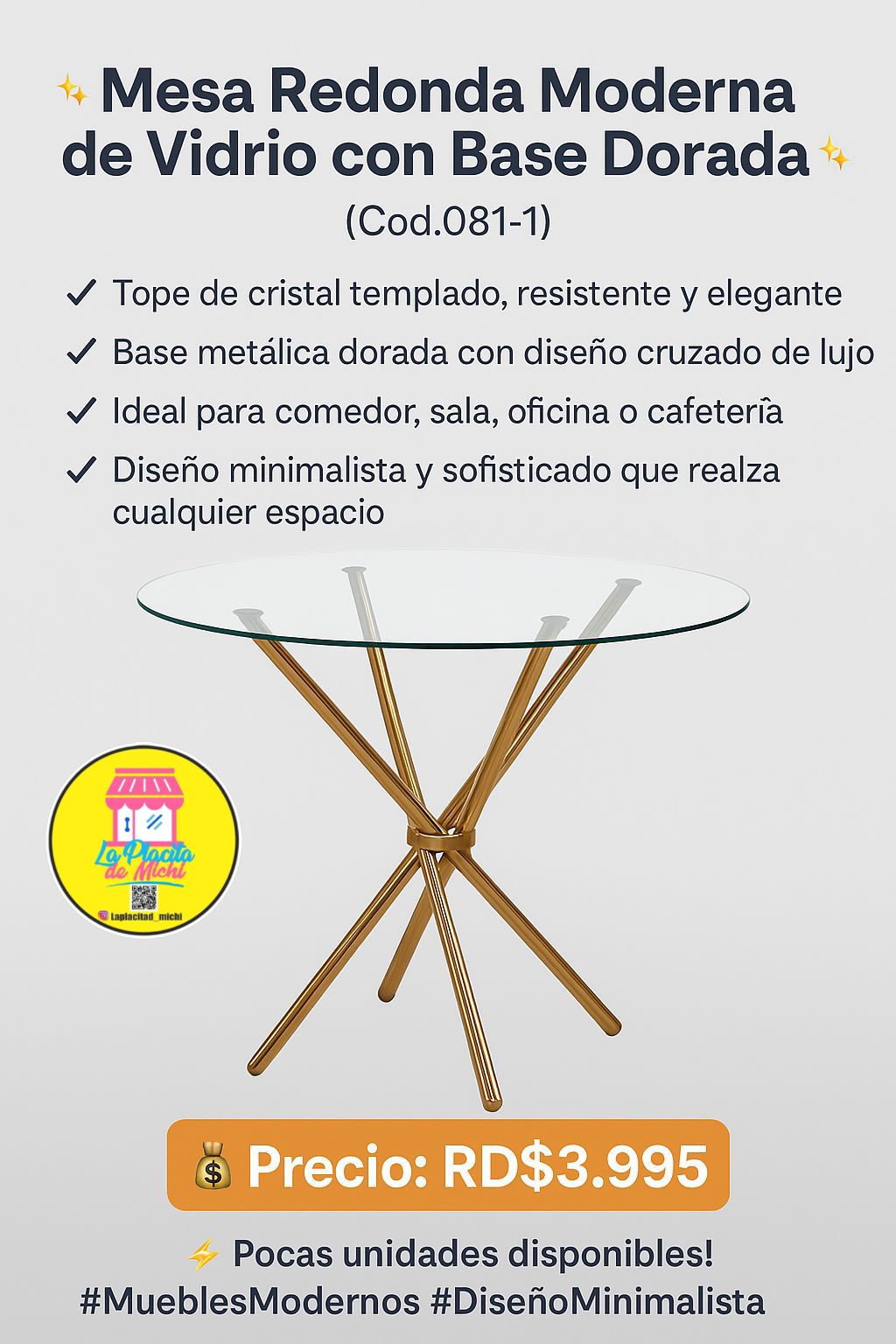 ✨ Mesa Redonda Moderna de Vidrio con Base Dorada ✨
(Cod.081-1)