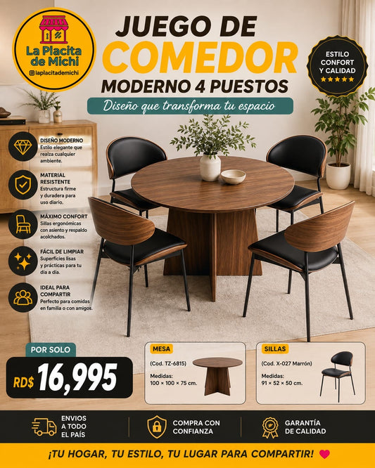 🏡✨ JUEGO DE COMEDOR MODERNO 4 PUESTOS ✨🏡 

💰RD$16,995 

- Mesa: (Cod. TZ-6815)
Medidas; 100 × 100 × 75 cm.

- Sillas: (Cod. X-027 Marrón)
Medidas: 91 × 52 × 50 cm.
