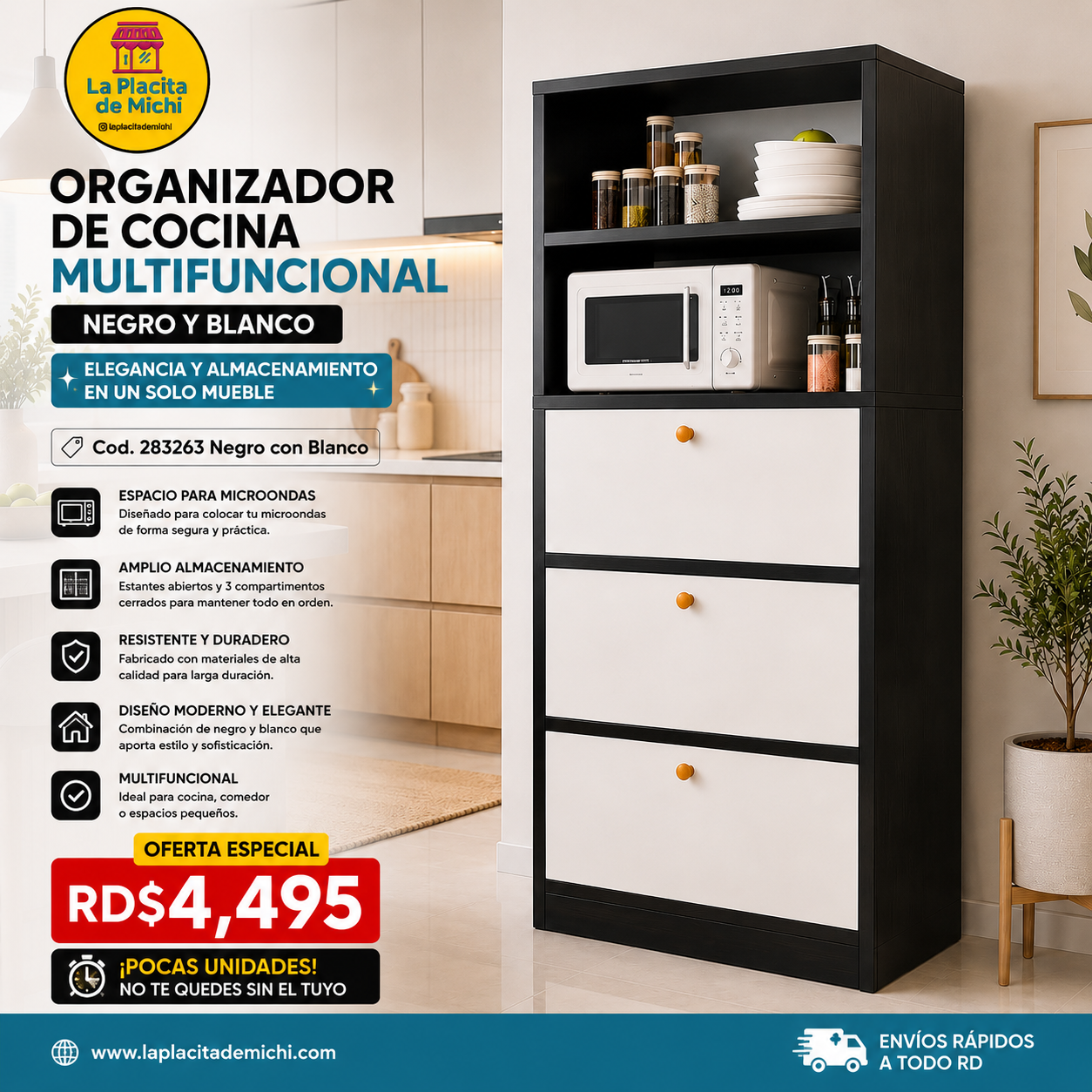 🍽️🖤 ORGANIZADOR DE COCINA MULTIFUNCIONAL NEGRO Y BLANCO – ELEGANCIA Y ALMACENAMIENTO EN UN SOLO MUEBLE 🖤🍽️

🆔 Cod. 283263 Negro con Blanco 

💰 RD$4,495