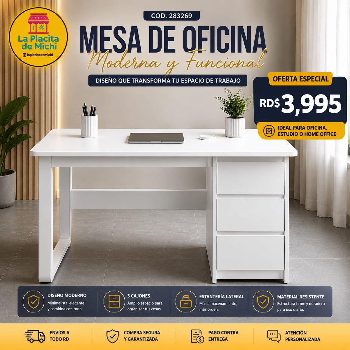 🪑💼 Mesa  Blanca de Oficina Moderna con Estantería y 3 Cajones 📌 (Cod. 283269)

💰 RD$3,995