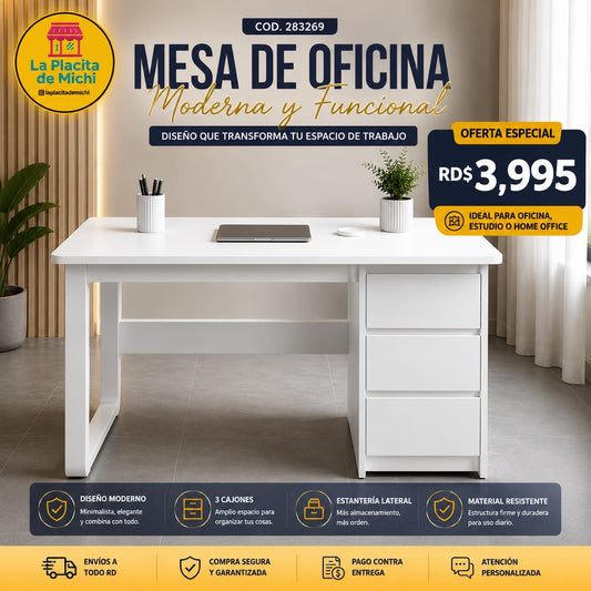 🪑💼 Mesa  Blanca de Oficina Moderna con Estantería y 3 Cajones 📌 (Cod. 283269)

💰 RD$3,995