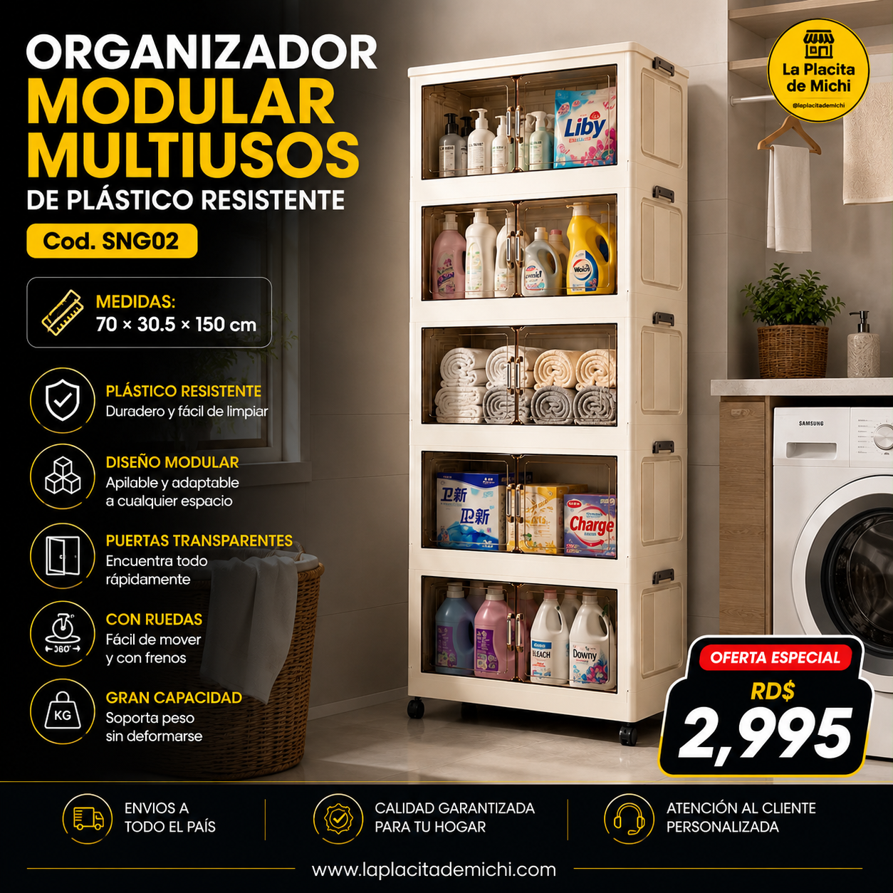 Organizador Modular Multiusos de Plástico Resistente (Cod. SNG02)

📏 Medidas: 70 × 30.5 × 150 cm

💰 RD$2,995