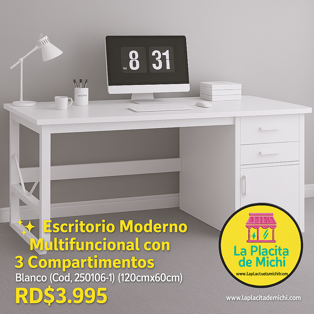🪑✨ Escritorio Moderno Multifuncional con 3 Compartimentos ✨🪑Blanco 
(Cód. 250106-1) (120cmx60cm)

💰RD$3,995