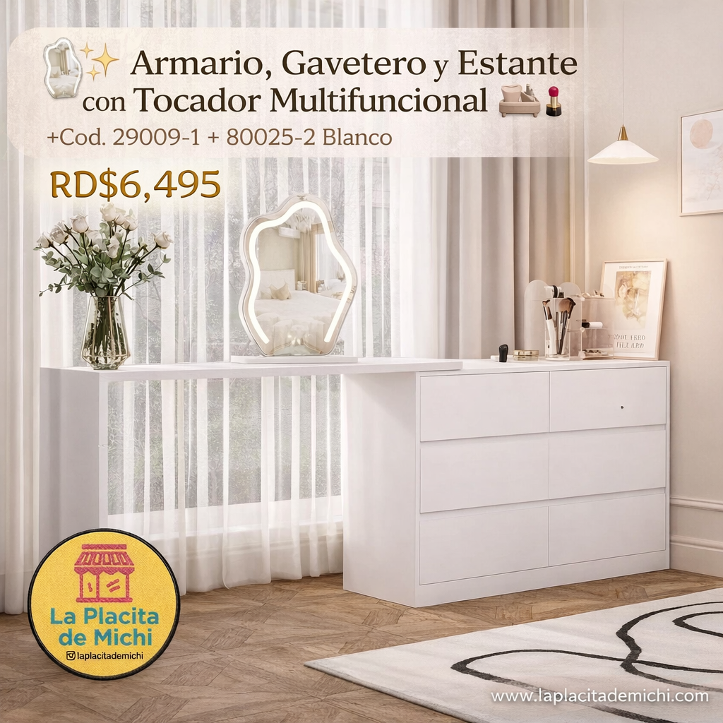 🪞✨ Armario, Gavetero y Estante con Tocador Multifuncional 🛋️💄 (Cod.29009-1)