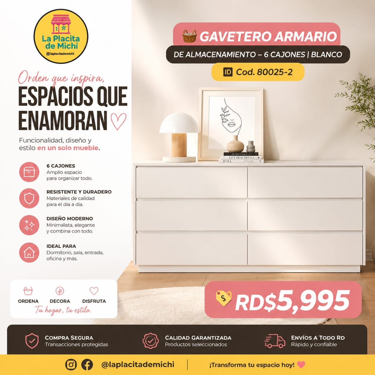 🧺 GAVETERO ARMARIO DE ALMACENAMIENTO – 6 CAJONES | BLANCO 🆔 Cod. 80025-2

💰 RD$5,995

📐 Medidas 
• Ancho: 120 cm
• Alto: 98.6 cm
• Fondo: 40 cm