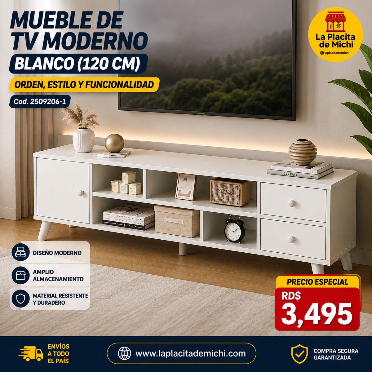 🖥️✨ MUEBLE DE TV MODERNO BLANCO (120 CM) – ORDEN, ESTILO Y FUNCIONALIDAD ✨🖥️ (Cod. 2509206-1)

💰RD$3,495
