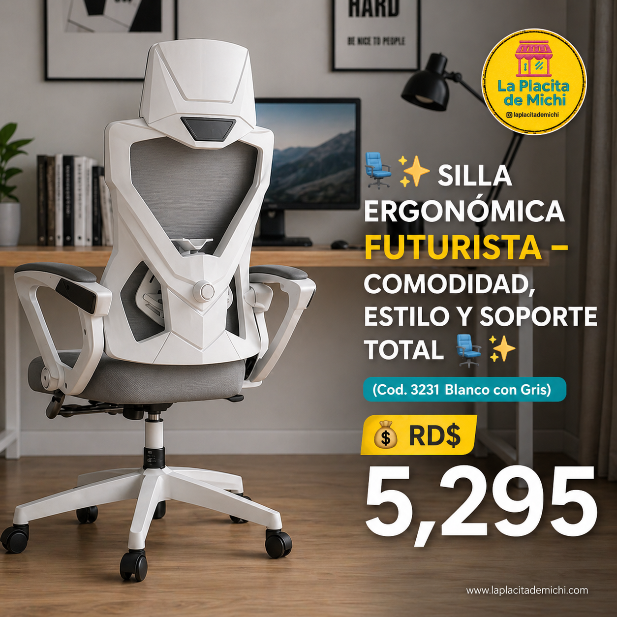 💺✨ SILLA ERGONÓMICA FUTURISTA – COMODIDAD, ESTILO Y SOPORTE TOTAL ✨💺 (Cod. 3231 Blanco con Gris)

💰RD$5,295