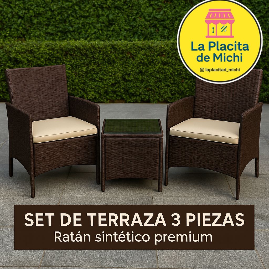 ⭐ Set de Terraza 3 Piezas – Ratán Sintético Premium (Cod.881108-3 Marrón) 

💰 RD$8,995