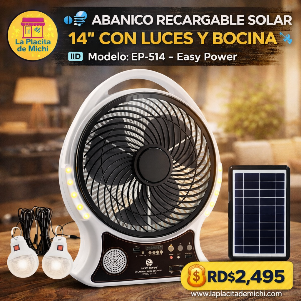 🌬️🔋 ABANICO RECARGABLE SOLAR 14” CON LUCES Y BOCINA 🔋🌬️
🆔 Modelo: EP-514 – Easy Power

💰RD$2,495
