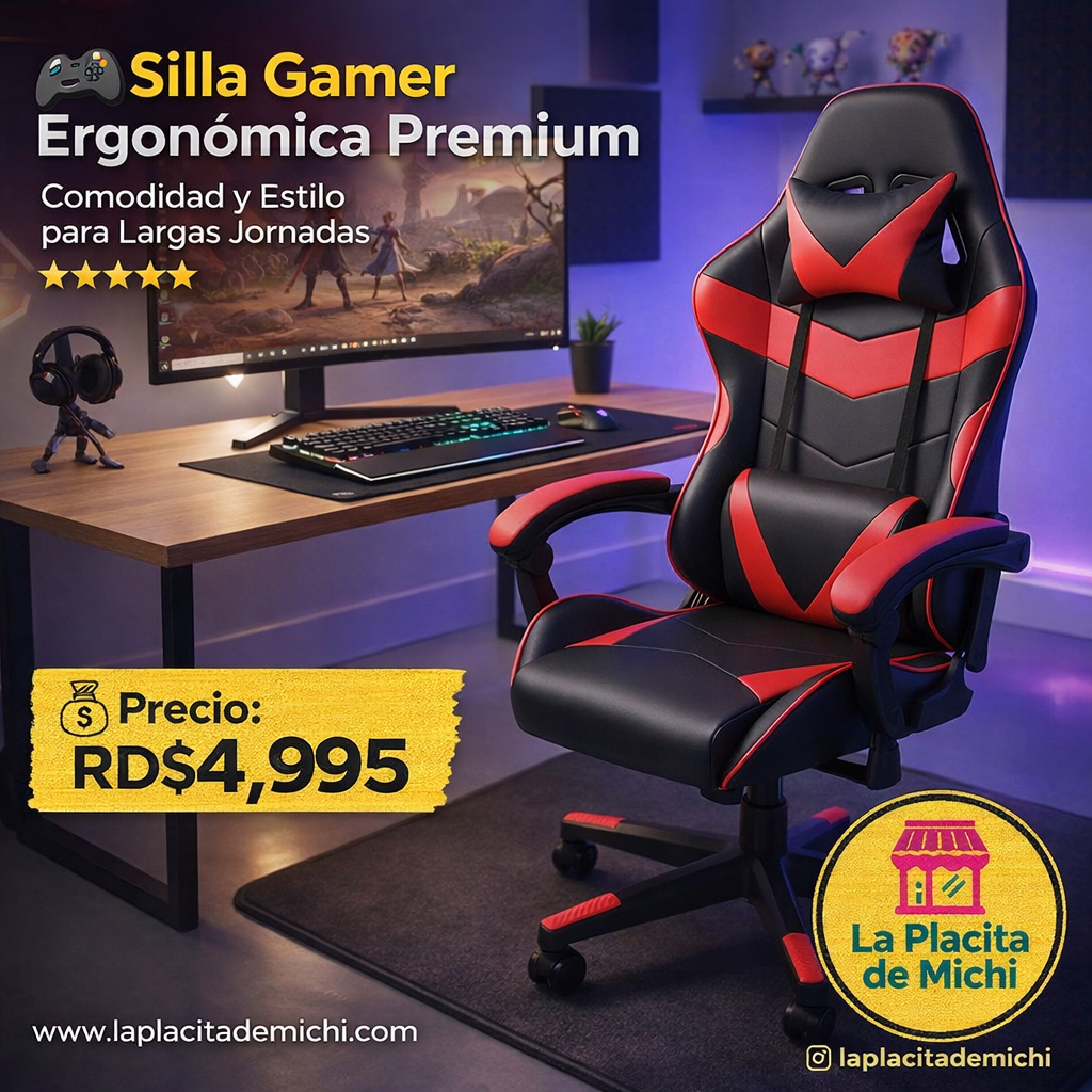 🎮🔥 SILLA GAMER ERGONÓMICA – COMODIDAD REAL PARA HORAS DE JUEGO O TRABAJO 🔥🎮
🎨 Color: Negro con Rojo

💰 Precio: RD$4,995