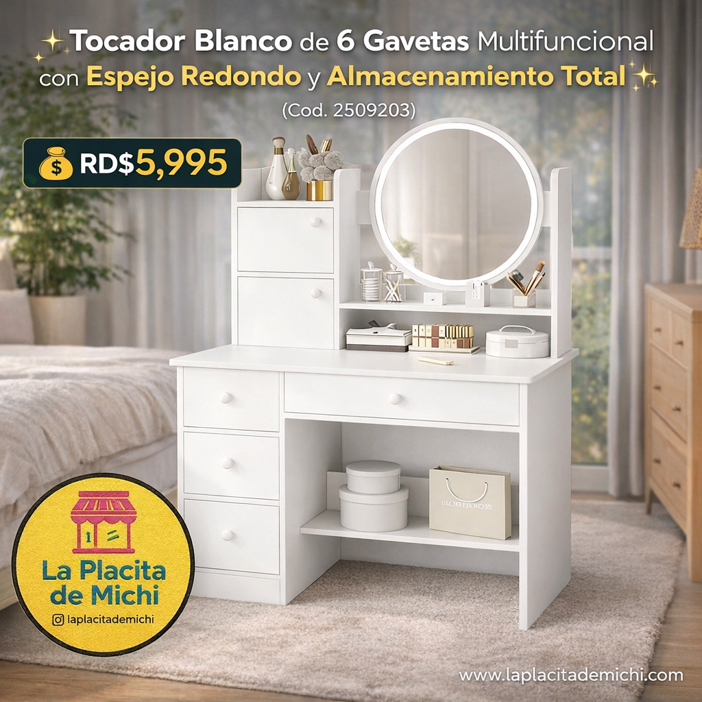 ✨ Tocador Blanco de 6 Gavetas Multifuncional con Espejo Redondo y Almacenamiento Total ✨(Cod. 2509203)

💰RD$5,995