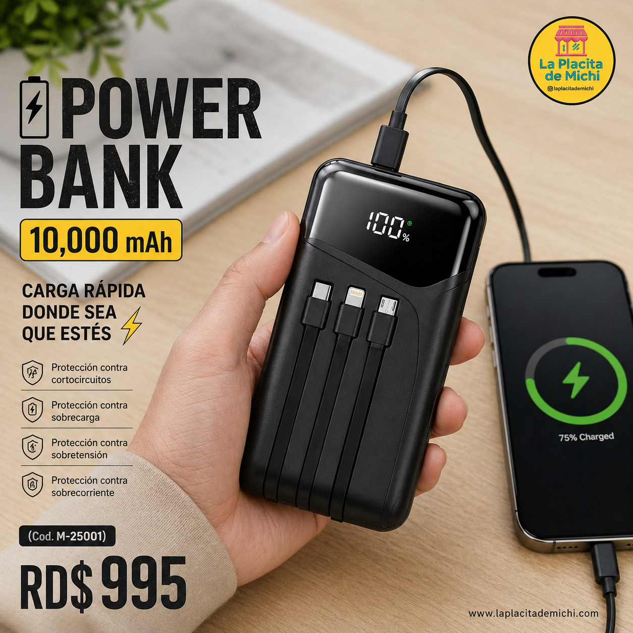 🔋⚡ POWER BANK 10,000 mAh – CARGA RÁPIDA DONDE SEA QUE ESTÉS ⚡🔋 (Cod. M-25001)

💰RD$995