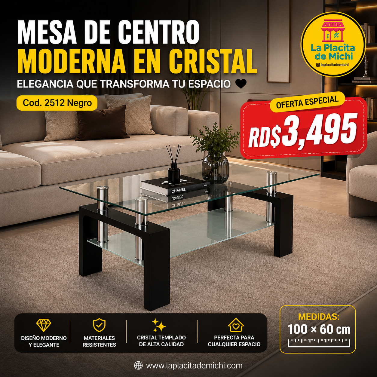 ✨ MESA DE CENTRO MODERNA EN CRISTAL – ELEGANCIA QUE TRANSFORMA TU ESPACIO 🖤 (Cod. 2512 Negro) 

💰RD$3,495 

📐 Medidas: 100 × 60 cm