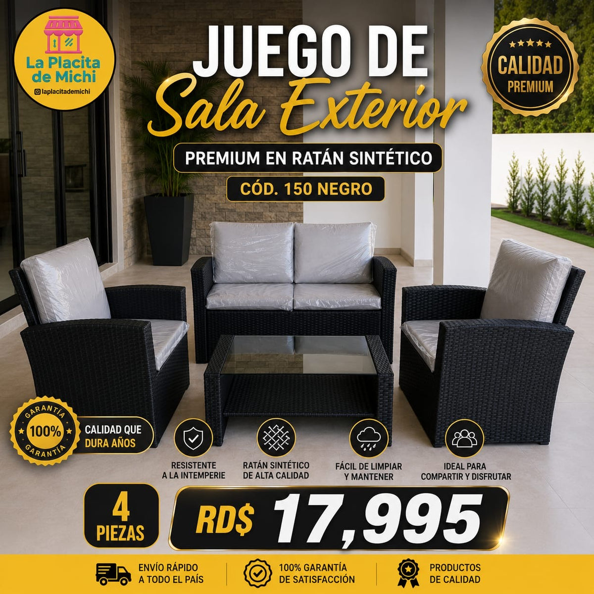🤎✨ JUEGO DE SALA EXTERIOR PREMIUM EN RATÁN SINTÉTICO – 4 PIEZAS ✨🤎 (Cod. 150 Marrón )

💰 RD$17,995