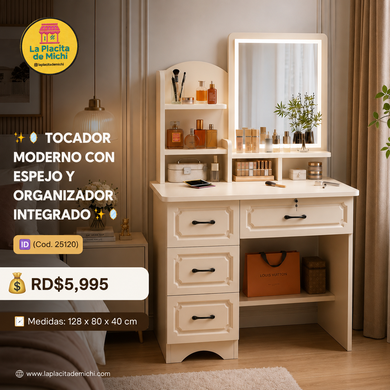✨🪞 TOCADOR MODERNO CON ESPEJO Y ORGANIZADOR INTEGRADO ✨🪞
🆔 (Cod. 25120)

💰RD$5,995 

📏 Medidas: 128 x 80 x 40 cm