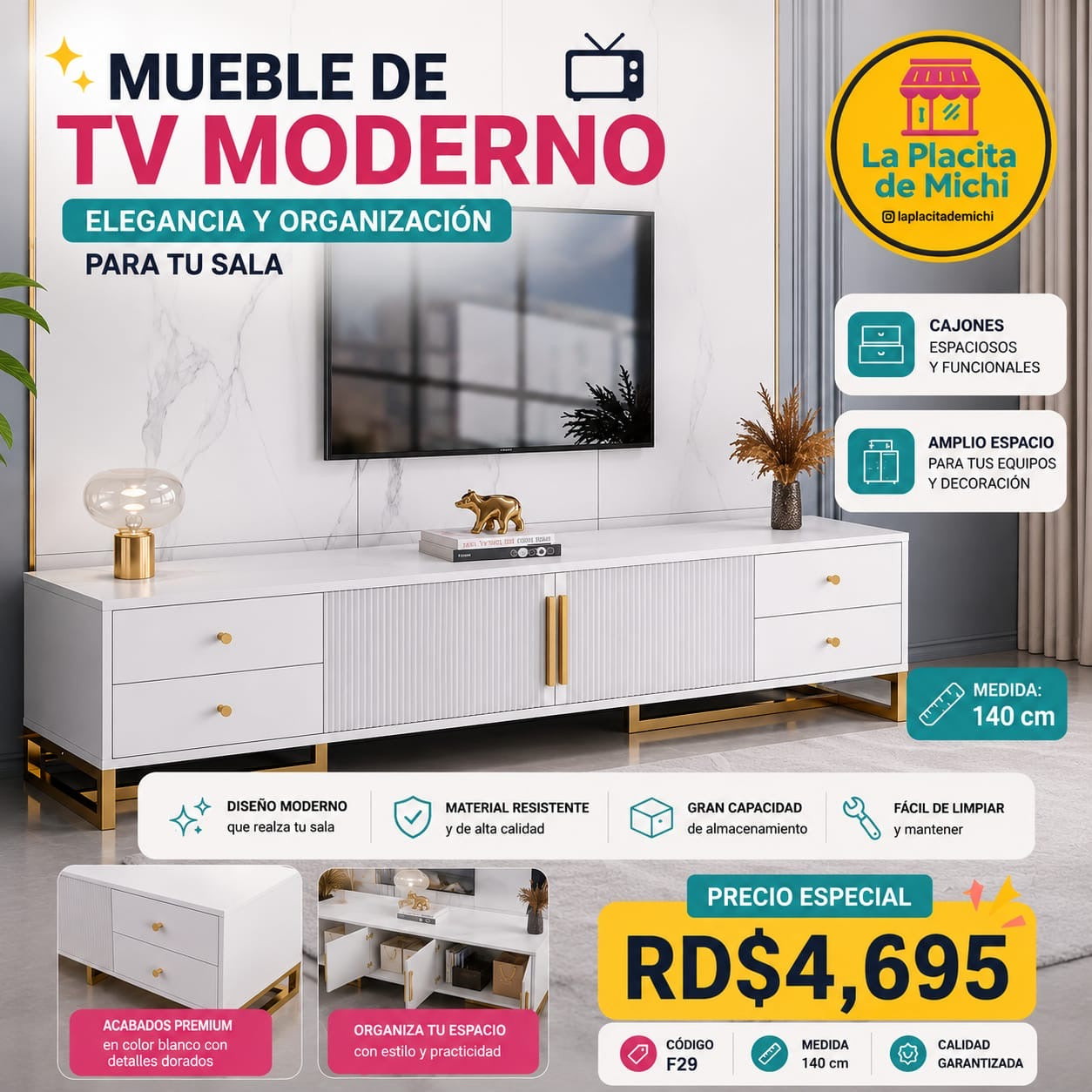📺✨ MUEBLE DE TV MODERNO CON CAJONES – ELEGANCIA Y ORGANIZACIÓN PARA TU SALA ✨📺
🆔 Cod. F29
📏 Medida: 140 cm

💰 Precio: RD$4,695
