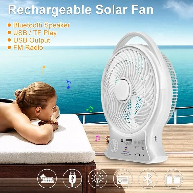 Abanico Recargable Con Panel Solar y Eléctrico Con Bombillos y Bluetooth (14 Pulgadas)
