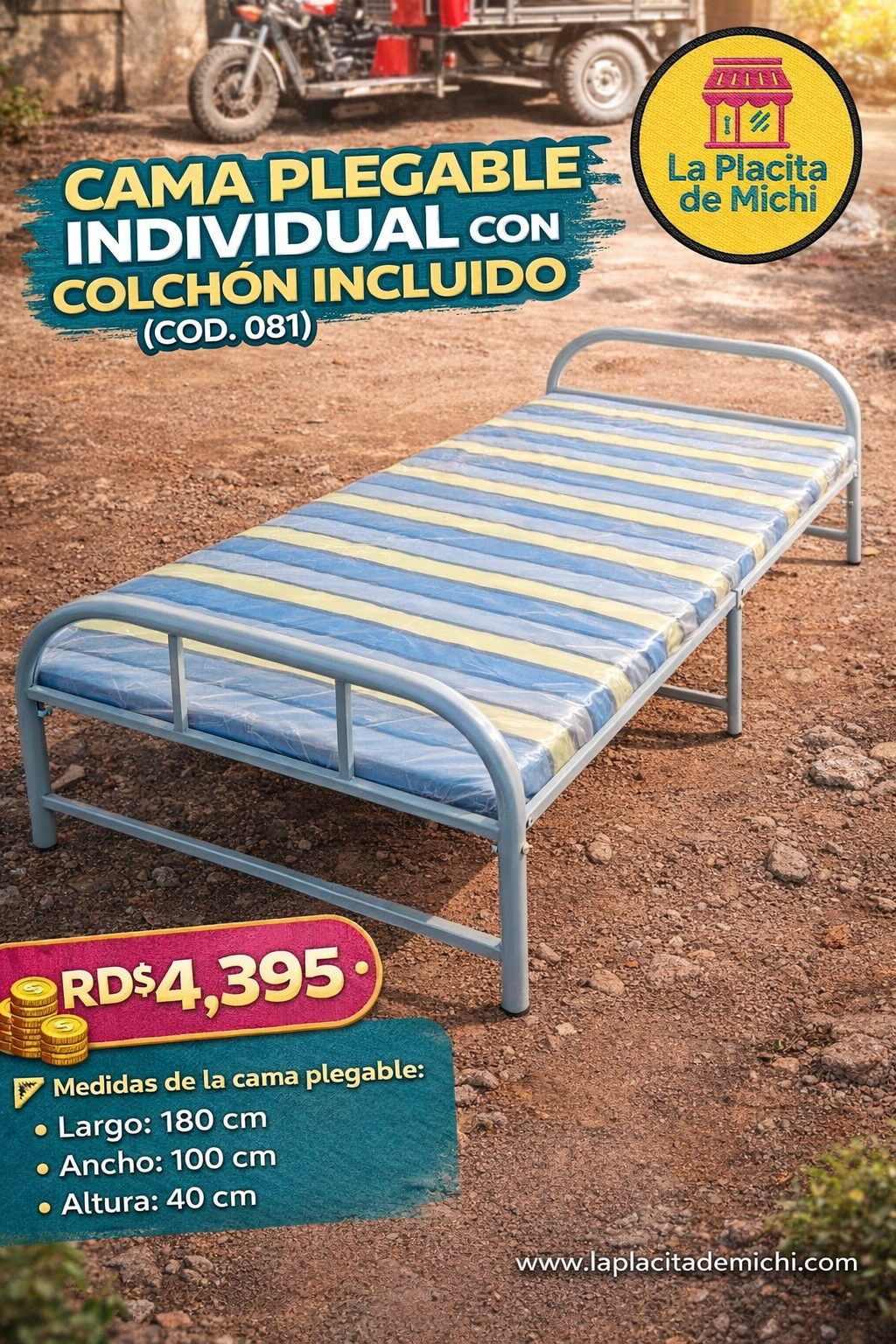🛏️ CAMA PLEGABLE INDIVIDUAL CON COLCHÓN INCLUIDO
(COD. 081)

💰 RD$4,395 

📐 Medidas de la cama plegable:
	•	Largo: 180 cm
	•	Ancho: 100 cm
	•	Altura: 40 cm