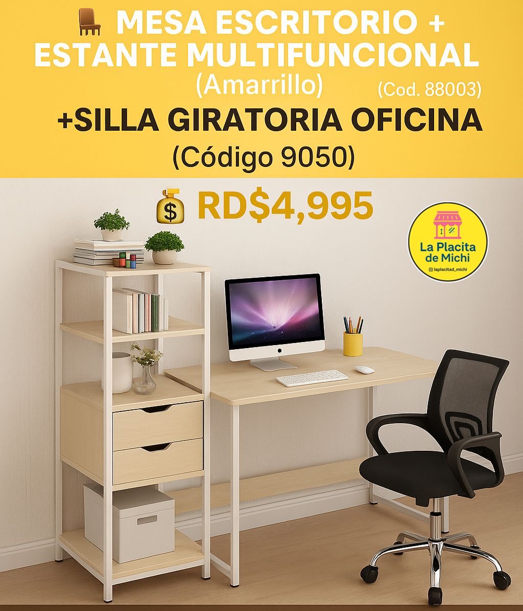 🪑✨ Mesa Escritorio + Estante Multifuncional ✨🪑 (Amarillo)
(Cod. 88003)
➕Silla Giratoria Oficina (Código 9050)

💰 RD$4,995 🔥