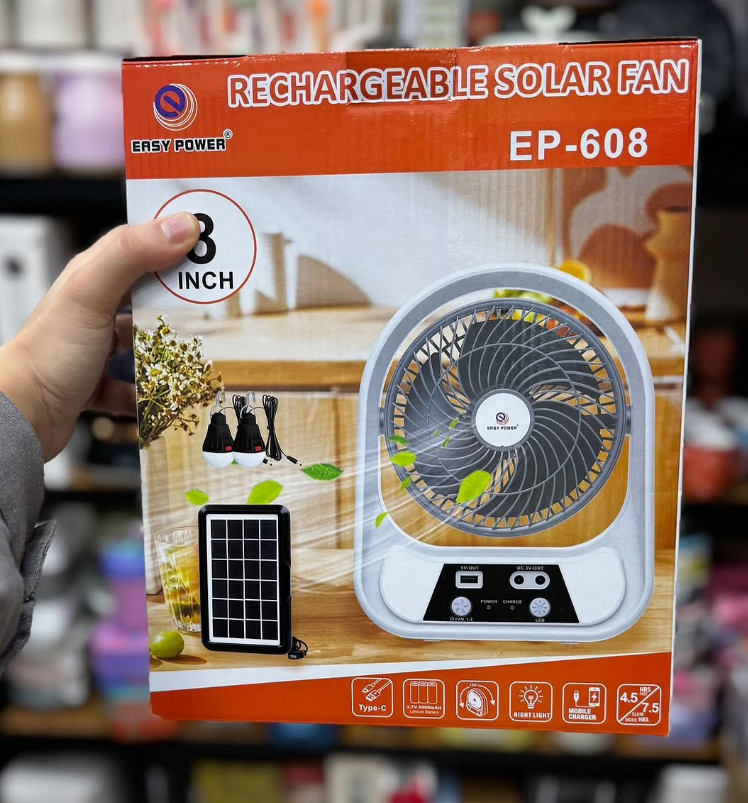 Abanico Recargable Con Panel Solar y Eléctrico Con Bombillos (8 Pulgadas) (Cod.-608)