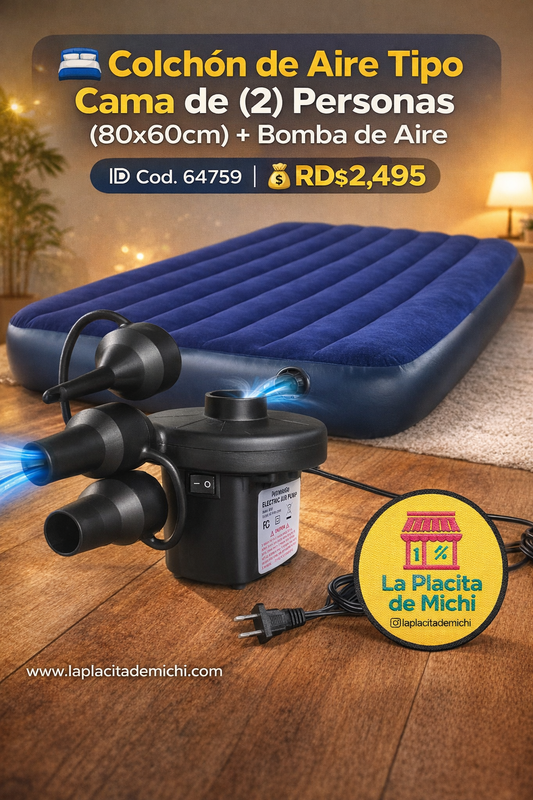 🛏️ Colchón de Aire Tipo Cama de (2) Personas (60x80cm) + Bomba de Aire 
🆔 Cod. 64759

💰 RD$2,495