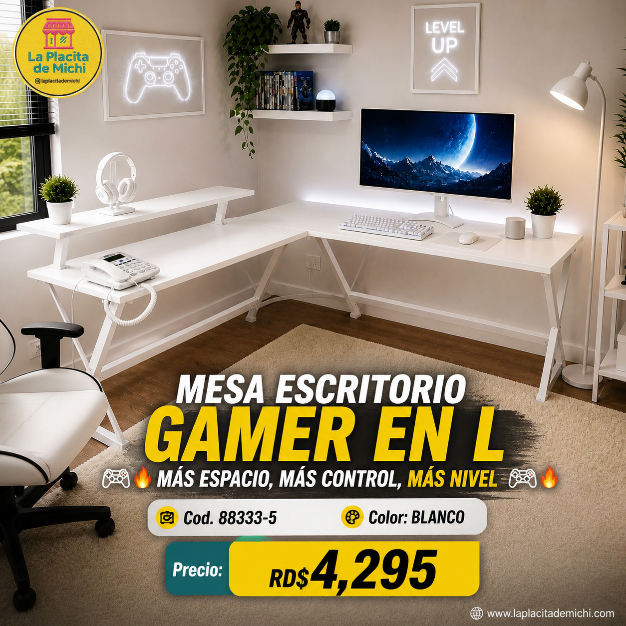 🎮🔥 MESA ESCRITORIO GAMER EN L – MÁS ESPACIO, MÁS CONTROL, MÁS NIVEL 🔥🎮
🆔 Cod. 88333-5
🎨 Color: BLANCO 

💰 Precio: RD$4,295