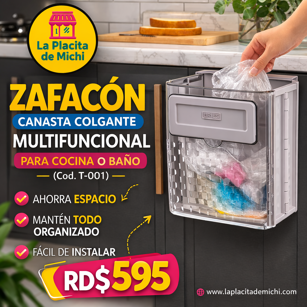 🧺✨ ZAFACÓN CANASTA COLGANTE MULTIFUNCIONAL PARA COCINA O BAÑO – AHORRA ESPACIO Y MANTÉN TODO ORGANIZADO ✨🧺(Cod.T-001)

💰RD$595