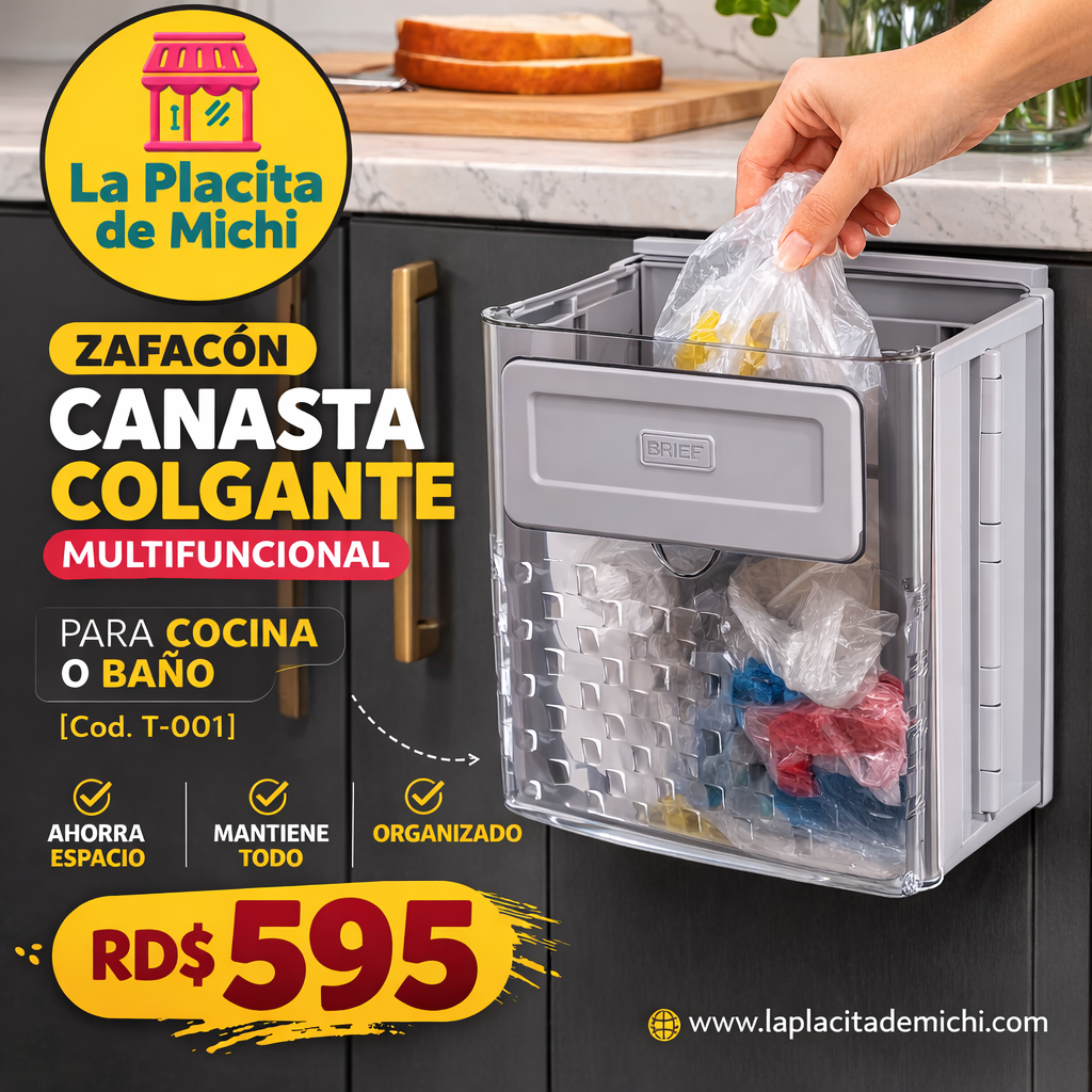🧺✨ ZAFACÓN CANASTA COLGANTE MULTIFUNCIONAL PARA COCINA O BAÑO – AHORRA ESPACIO Y MANTÉN TODO ORGANIZADO ✨🧺(Cod.T-001)

💰RD$595